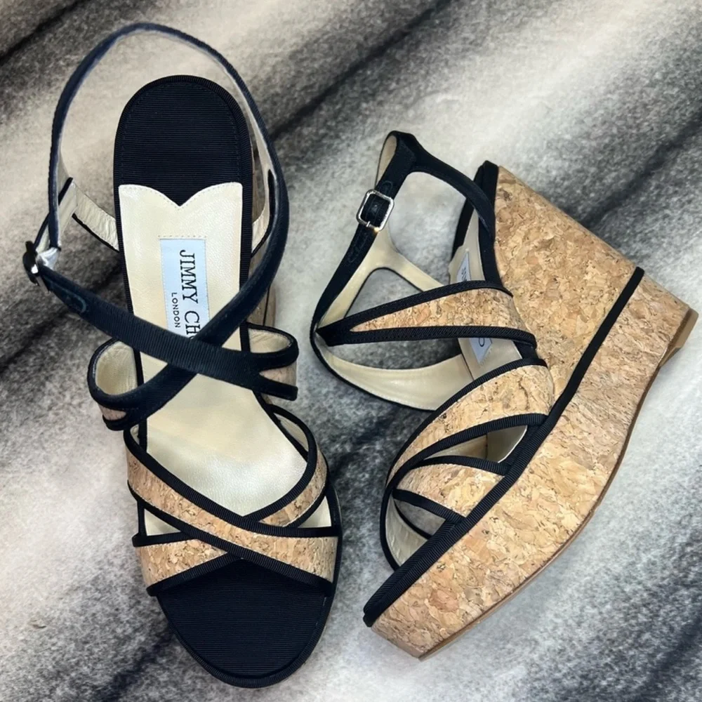 Jimmy Choo Alissa 120 mm Natural Black Cork Grosgrain Wedge Platform Heels